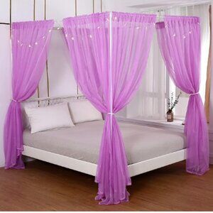 Purple Bed Canopy Panels Curtains with Star Lights (Fits up to a King)